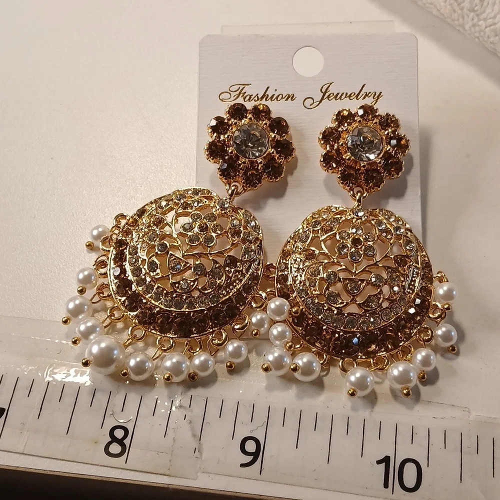 Gold Tone Pearls And Purple Stones Pierced Earrings